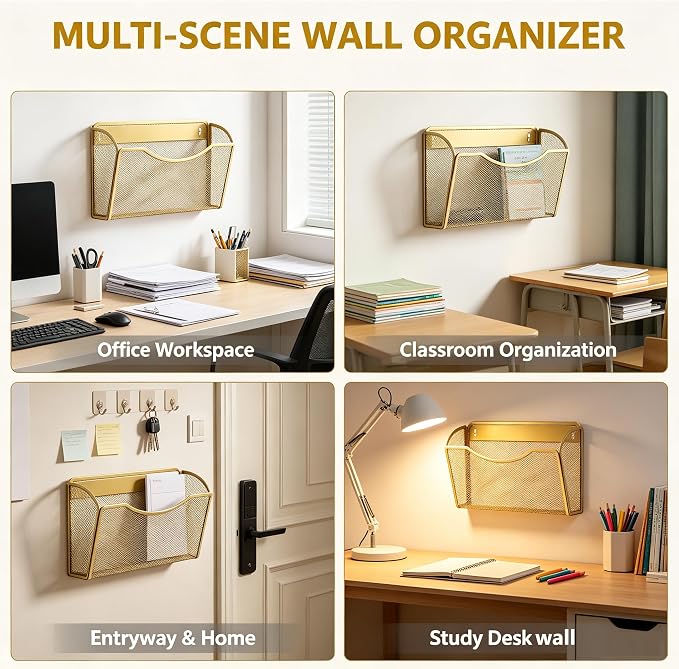 Gawerk Mesh Hanging Wall File Holders, Metal Vertical Wall Basket Mail Organizer for Office/Home (Gold, 6 Pack Wall Mounted)