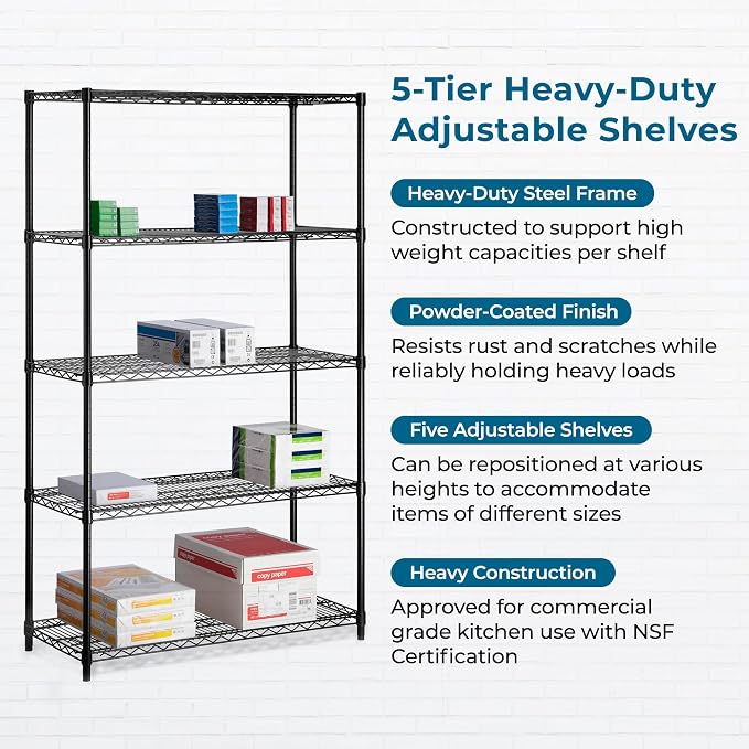 Honey-Can-Do 5-Tier Steel Shelving Unit, 800 lb/Shelf, Black, 42x18x72 in | Holds 4,000 lb total across 5 adjustable steel shelves; tool-free build in 25 min; leveling feet for uneven floors