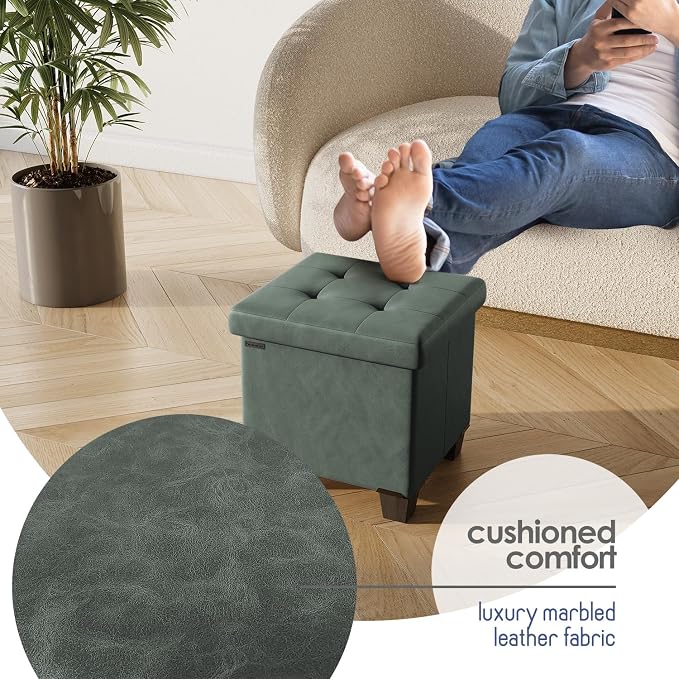 Storage Ottoman Cube with Small Bin, 15-in Square Ottoman with Storage for Living Room and Bedroom, Small Ottomans Foot Rest, Leather Foot Stools Ottomans Max 330lbs, Green
