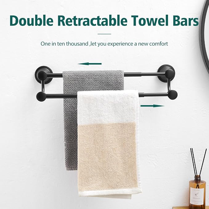 Hoimpro Double Towel Bar Towel Rack for Bathroom Holder Wall Mounted Black | Adjustable 16-26 In,Matte Black Wall Mounted, Stainless Steel, Rustproof, Towel Bar Rod Hanger Hardware Accessories Hotel