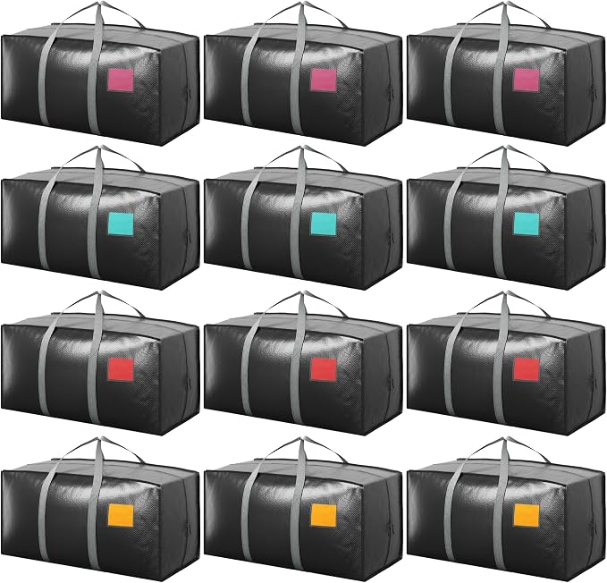12 Pack Moving Bags with Full-Open Side Zipper, Extra Large 93L Heavy Duty Waterproof Foldable Storage Totes for College Dorm, Moving & Home Organization Gray