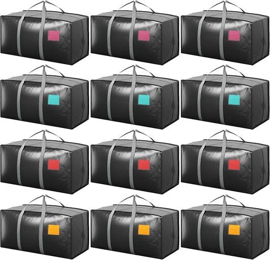 12 Pack Moving Bags with Full-Open Side Zipper, Extra Large 93L Heavy Duty Waterproof Foldable Storage Totes for College Dorm, Moving & Home Organization Gray