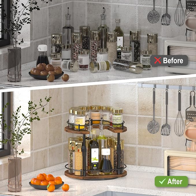 Across-Star Lazy-Susan-Spice-Rack -Organizer For Cabinet With Adjustable Height, 12 inch Rotating Seasoning Holder Spice Organization For Pantry, 2-Tier Kitchen Counter Shelf Countertop Organizer