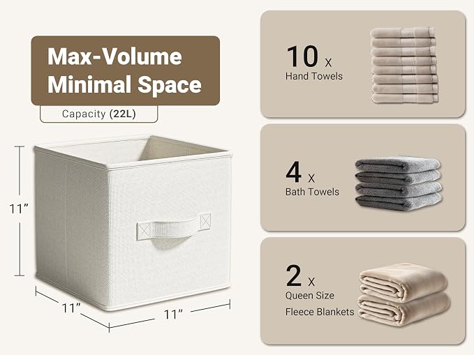 LayerSpace 4 Pack Foldable Fabric Closet Storage Bins, 11Inch Organizer Cubes with Handles, Linen Storage Boxes for Clothes, Toys, Books and Home Organization, White& Ivory | Thickened Rigid PP Panels, Cotton-linen Shelf Baskets, Measure 11"L x 11"W x ...