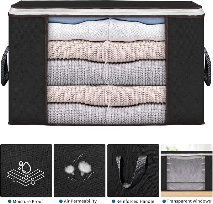 90L Large Storage Bags, 8 Pack Clothes Storage Bins Closet Organizers | Foldable Storage Containers, with Reinforced Handle, for Clothing, Blanket, Comforters, Bed Sheets, Pillows and Toys,Black