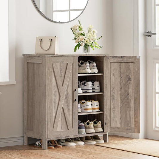 Homleke Farmhouse Shoe Cabinet with 2 Barn Doors & Wood Legs | Tall 4-Tier Shoe Storage Cabinet, 3 Adjustable Shelves, Shoe Rack Organizer, for Entryway, Hallway, Closet, Greige