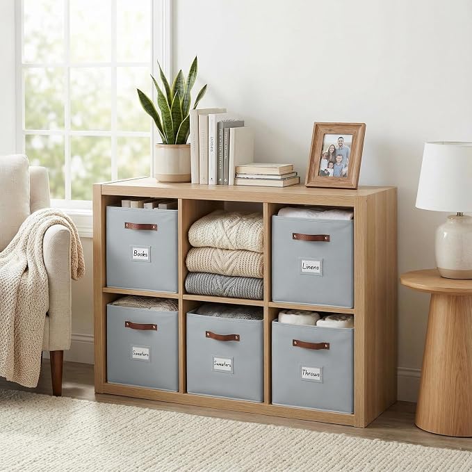 DECOMOMO Storage Bins, Cube Storage Bin with Labels | 10.5" x 11" Fabric Storage Cubes for Shelves (6pcs, Grey)