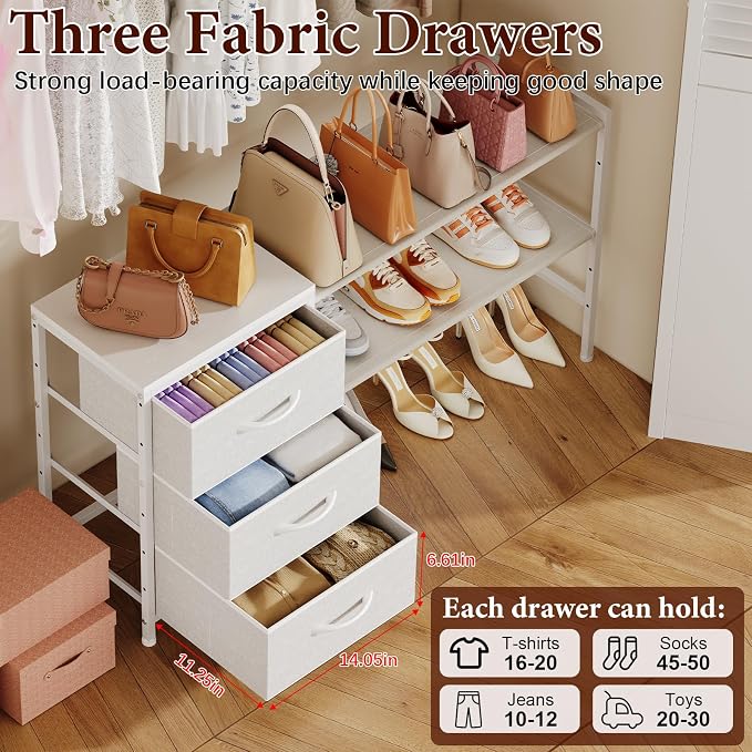 Hongtamoya Closet Organizers and Storage, Adjustable Shelves,3 Drawer White | Closet Organizer Drawer Dresser for Closet, Clothes Shelves with 5-Level Height Adjustment, Shoe Rack for Wardrobe(43.77 in)