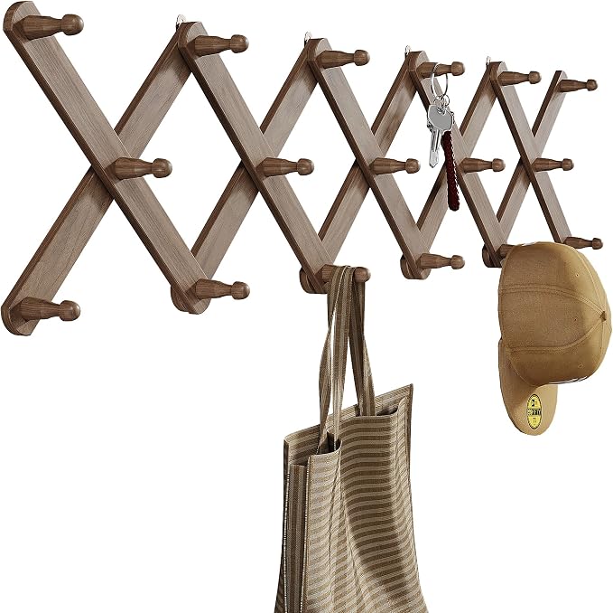 OROPY Accordion Wall Hanger with 17 Pegs, Expandable Wooden Coat & Hat Rack | Walnut Color, Hat Display Rack, X Shape Rack for Coat, Hats, Bags, Baseball Caps, Coffee Mug, Jewelry