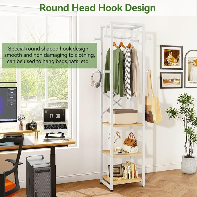 IBUYKE Freestanding Coat Rack,with 3 Shelves and 8 Hooks,Natural UTMJ088R | Metal Frame,Industrial Hall Tree,Clothes Stand for Entryway, Hallway, Bedroom,Office, Living Room