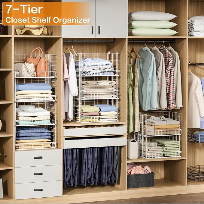 Yociyoga 7-Tier Stackable Closet Organizers and Storage Shelves, Foldable Closet Shelf Organizer System, Stackable Storage Bins Drawers for Closet Organizer System, White（Patent No. 30022416）
