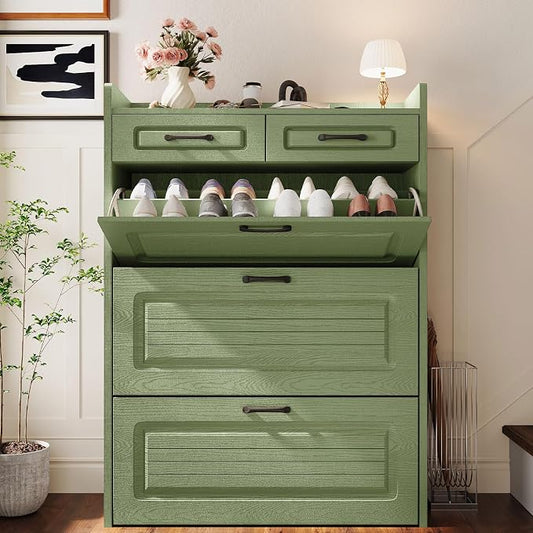 ODUWA Shoe Cabinet with 3 Flip Drawers and 2 Storage Drawers, Shoes Organizer Cabinets with Adjustable Divider, Hidden Shoe Rack Shoe Storage Cabinet for Entryway, Hallway, Green