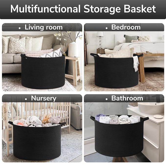Goodpick Extra Large Woven Rope Basket for Blankets Living Room, 115L | 23.5 x 23.5 x 15.8 In Woven Basket for Storage, Kids Toy Storage for Playroom, Laundry Basket for Towels, Balck