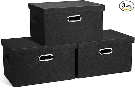 Graciadeco Medium 15" 21 Quart Collapsible Stackable Storage Bins with Lids, 3 Packs Black Foldable Fabric Closet Boxes Heavy-duty Lidded Linen Cube Basket Container Organizer and Storage for Bedroom | 21 Quart 3 Pack Black Collapsible Stackable Linen ...