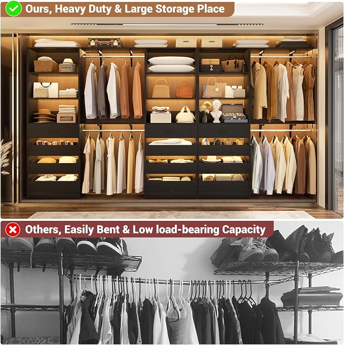 Aheaplus Closet System Set of 3, 138.5" Wood Closet Organizer System Tower with 12 Drawers & 4 Hanging Rods, 6.7+4.85Ft L Shaped Walk-in Closets Wardrobe Organizer Garment Rack with Shelf, Black3