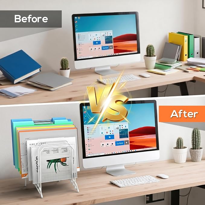 Incline Sorter Desk File Organizer, Metal Desk Magazine Folder Holder with 8-Section Vertical Compartments Rack File Organizer for Office, Home, School (2, White)