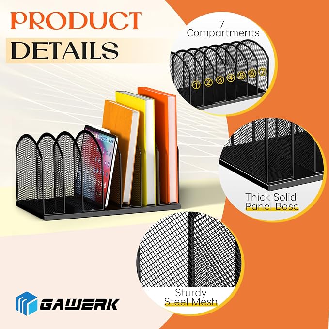 Gawerk 7-Section Metal Upright File Sorter Organizer, Office Small Letter Sorter Desktop File Organizer Metal Mesh Iron Sole, Black