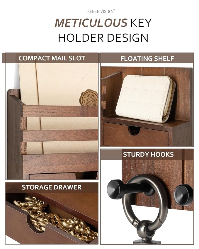 Rebee Vision Key Holder Wall Mount with 2 Drawers for Entryway, Brown | Mail Organizer for Wall, 6 Key Hooks, Mail Sorter, Can Hold Letters, Room Decor Aesthetic, Apartment Essentials, Home Storage