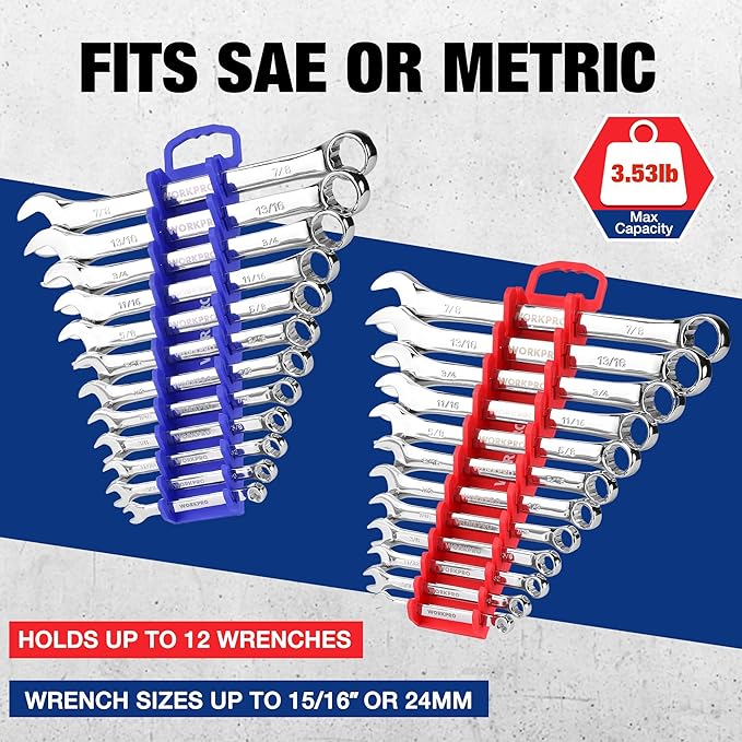 WORKPRO 2-Pack Magnetic Wrench Organizer, 12-Piece Gripper Wrench Holder | Suitable Stubby or Line Wrenches, Fits SAE (1/4" to 15/16") and Metric (6mm to 24mm), Flexible Teeth