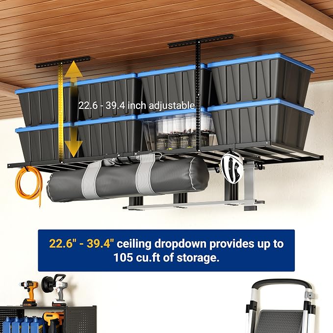 FLEXIMOUNTS 4x8 Overhead Garage Storage Rack with 6 Hooks, 2 Pack, Black | 750lbs Capacity, 22.6"–39.4" Adjustable Dropdown, Heavy-Duty Metal Ceiling Racks, Storage Organization System, Lite Series