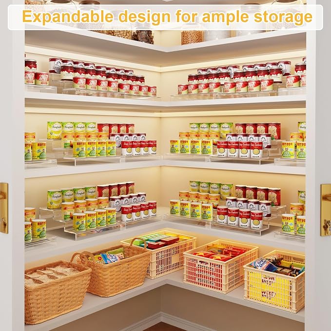 Expandable Clear Acrylic Can Organizer for Pantry, 3-Tier, Holds 24 Cans | Adjustable Can Storage Holder, Soda Can Dispenser Shelf, Canned Goods Display for Cabinets & Countertops (Patent Pending)