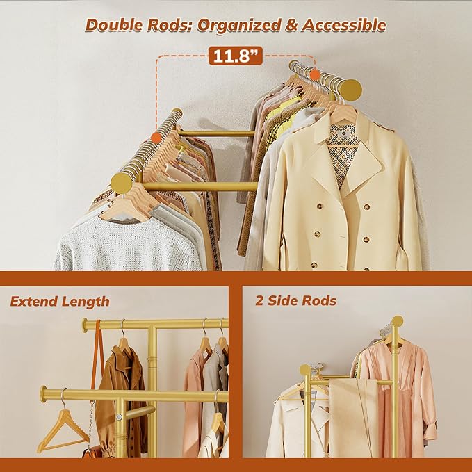 Clothes Rack 210 LBS Double Rods Extra Storage Basket | Rustproof Coated Steel, Anti-bending Design, 360° Sturdy Wheels, 10-Min Tool-Free Assembly, Metal Garment Rack for Home