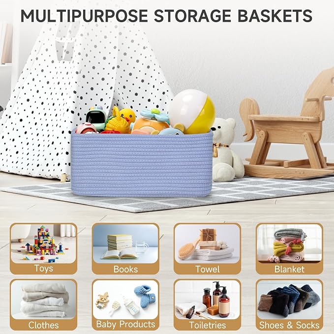 3-Pack Storage Baskets for Organizing | Woven Shelf Toy Basket | Rope Baskets for Gifts Empty | Closet Organizer Bins with Handles | Cube Decorative Box | 11.8×7.8×5.1”|Sky Blue