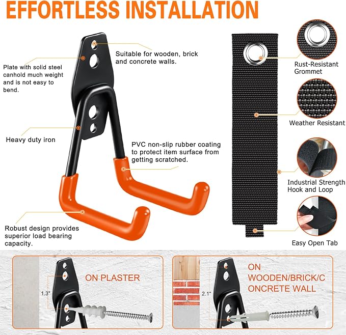 HUPBIPY 26 Pack Garage Hooks Heavy Duty, Wall Mount Ladder Hooks | Storage Organizer With a non-slip coating for Hanging Bicycles Garden Tools Ladders Hoses Ropes and Loose Items(Orange)