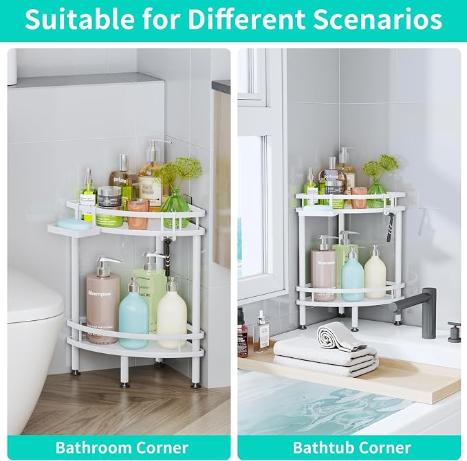 HapiRm Standing Corner Shower Caddy - 2 Tier Shower Organizer Corner with Soap Holder and 4 Hooks, Rustproof Bathroom Storage Shelves with Adhesives, White