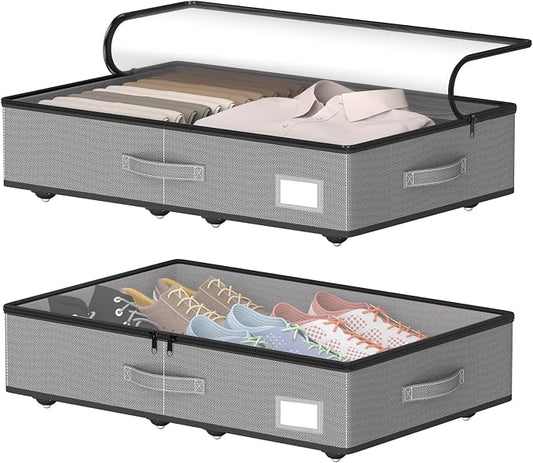 EE-RoomWorld Under Bed Storage with Wheels, No Assemble Required 5.5 inches height grey under bed storage bins,Low Profile Rolling Underbed Shoe Storage containers，dorm underbed storage drawers