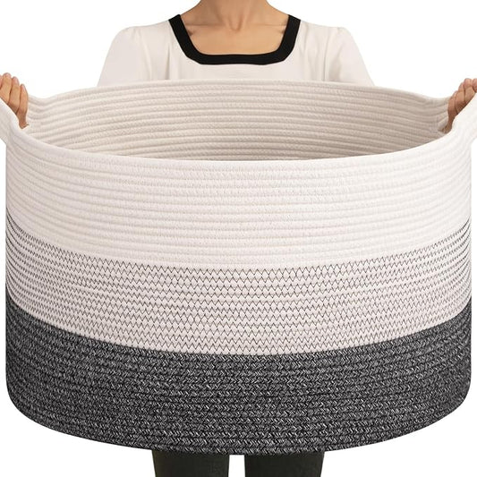 OIAHOMY 90L Extra Large Blanket Basket - Decorative Cotton Rope Storage Basket for Bedroom, Living Room & Nursery - Woven Laundry Hamper for Organizing Blankets, Clothes & Toys - Black and White