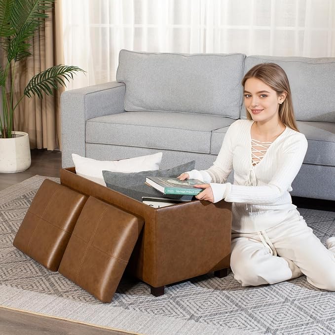 Adeco 31 Inches Storage Ottoman Bench, Non-Folding End of Bed Foot Rest Stools Ottoman with Thicker Foam Padded Seat, Upholstered Storage Chest for Living Room, Entryway, Bedroom