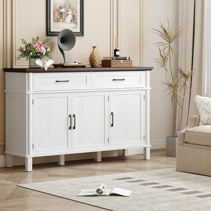 55 Inch Buffet Cabinet with Storage, Farmhouse Sideboard Buffet w/2 Drawers and 3 Doors, Wood Coffee Bar Cabinet with Adjustable Shelves, Sideboard Storage for Kitchen, Living Room, Off White