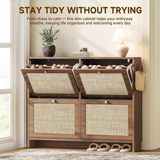 Nicetree Shoe Cabinet Storage for Entryway, 4-Flip Drawer Narrow Shoe Rack, Organic Modern Rattan Shoe Organizer, Shoe Organizer Fits Men's Size 13.5, Walnut