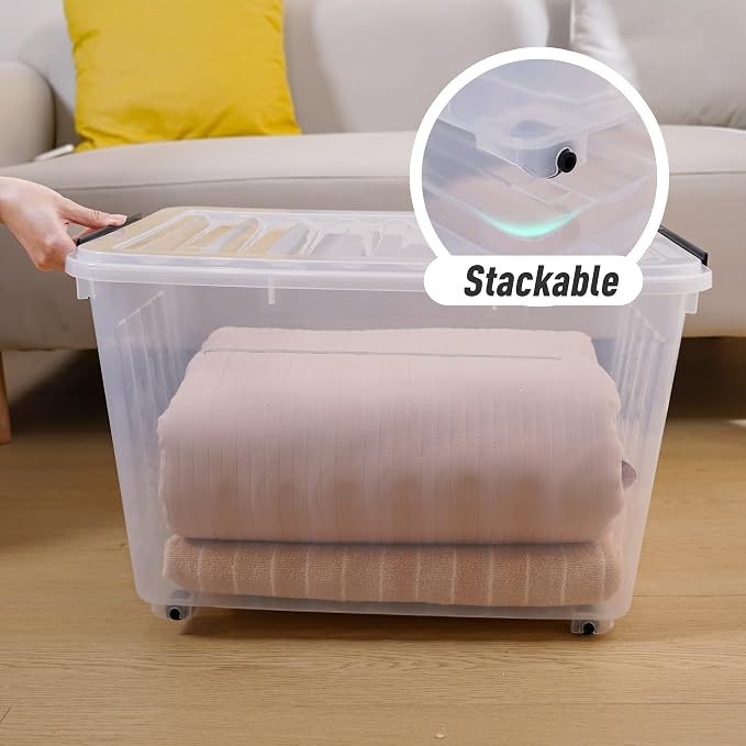 Citylife 82 Quart Large Clear Plastic Storage Bins with Lids 2-Pack | Stackable, Secure latching lids, Easy Find, Clothes Storage Bins for Closet Bedroom Garage