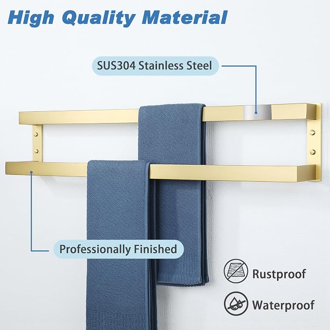 Alise Double Towel Bar, 32" Double Towel Racks for Bathroom, Brushed Gold | Bathroom Towel Rack Wall Mounted, 3.54" Wide Faster Drying, Ladder Design, SUS304 Stainless Steel