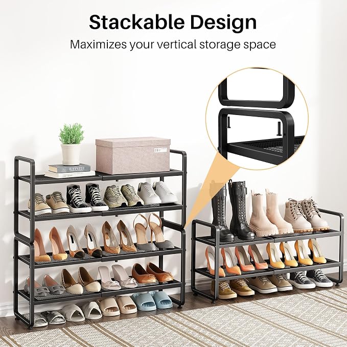 Expandable Metal Shoe Rack for Closet, Entryway & Garage, 2-Tier, Black | Adjustable Height for Boots, Stackable Design, Dense Mesh Shelves for Heels, Fits Small Spaces, Apartments and Rentals