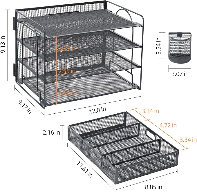 Marbrasse Desk Organizer, 4-Tier Paper File Letter Tray, Black | Sturdy Paper Tray, File Holder, Built-in Drawer, 2 Pen Slots, fits Letters/Files, for School Home Office Supplies