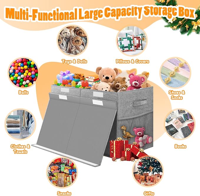 Large Toy Storage Box with Lid & Dividers, Collapsible Kids Toy Chest, Gray | Toy Box for Boys, Girls, Nursery, Bedroom, Living Room, Playroom, 25 x 13 x 16 inches
