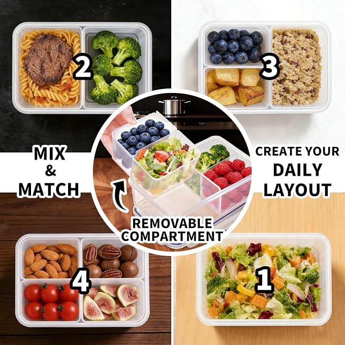 KIGI Food Storage Container Set for Meal Prep & Lunch, 0.7/4.7 Cup, 8 Pack | Removable Inner Inserts for Adjustable 1-4 Compartment storage, Leak-Proof & Airtight, Microwave Safe, BPA-free Plastic