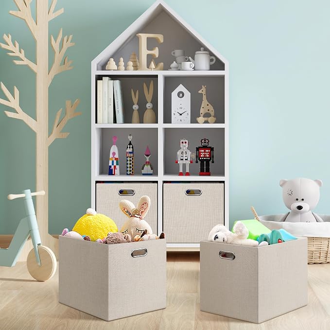 Posprica 13x15x13in Collapsible Storage Bins, Fabric Foldable Cube Storage Boxes, Decorative Storage Baskets Organizer for IKEA Kallax, Shelves, Closet, Clothes, Set of 4-Beige