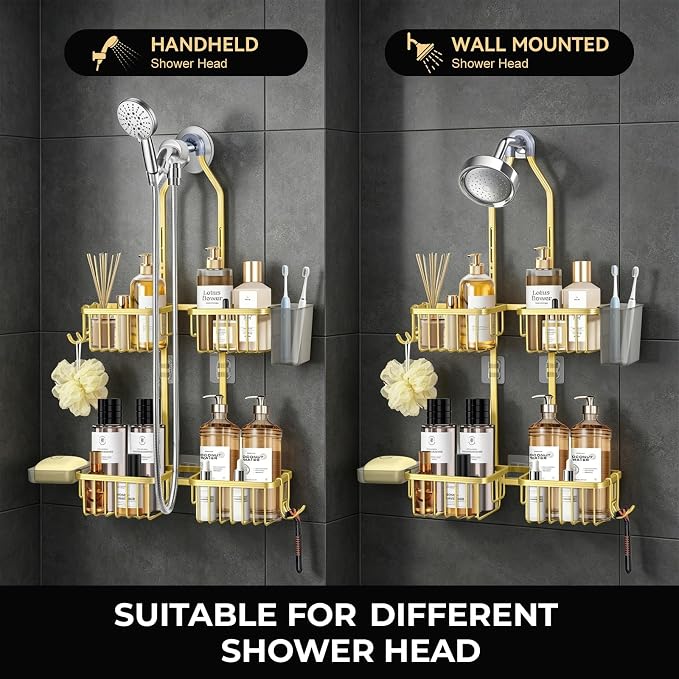 Adjustable Hanging Shower Caddy for Handheld Showerhead, Rustproof Aluminum Over Shower Head Organizer, Renter-Friendly No-Swing Storage for Tall Bottles & Soap, 2-Tier, Gold