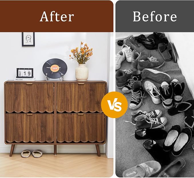 Shoe Storage Cabinet for Entryway with 4 Flip Drawers, Freestanding Narrow Wood Shoe Cabinet with Wave Panel, Hidden Shoe Organizer for Foyer, Hallway (Walnut)