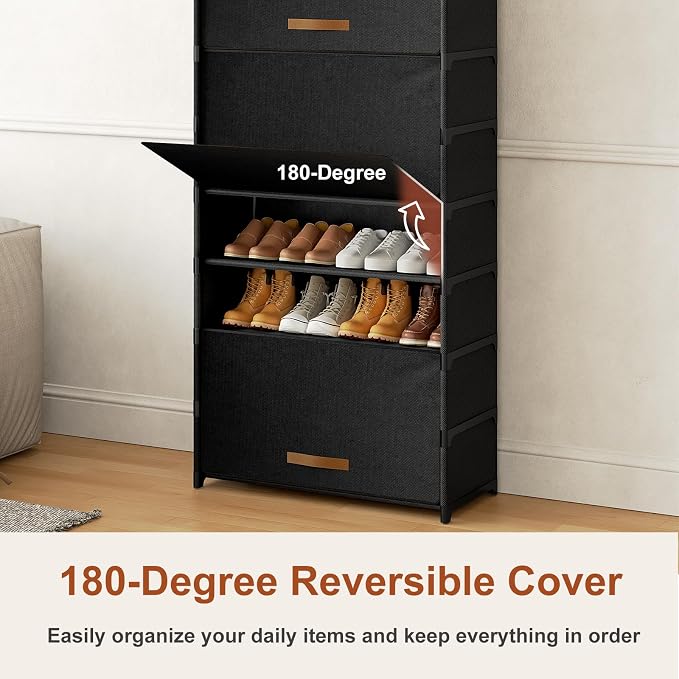 9 Tier Shoe Cabinet with Door, 36-Pair Storage, Black | Max capacity for large families. Door prevents dust & pet damage. Holds all shoe types. Easy connector assembly.