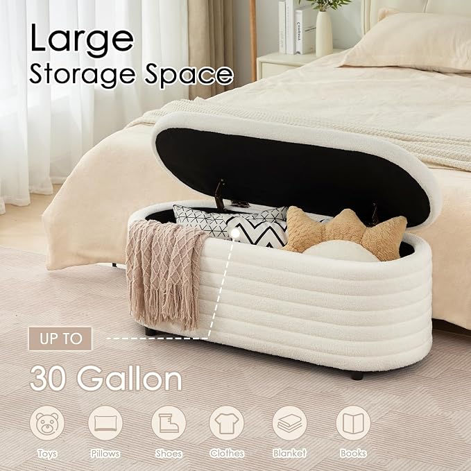 45.5" Storage Teddy Ottoman Bench Upholstered Fabric Bench Hidden Storage Chest with Slow-Close Safety Hinge for Bedroom, Living Room, Entryway, White