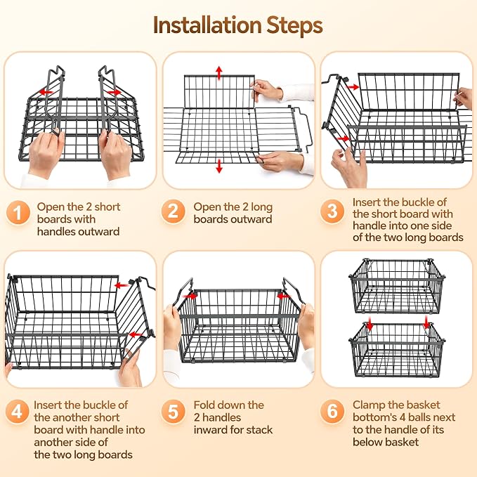 Freezer Organizer Bins, 6 Pack Enlarged Baskets for 5-9 Cu.FT Deep Freezer | Stackable Chest Freezer Organizer Bins, Foldable with Handles, Black Storage Container Baskets for Sort Frozen Meats