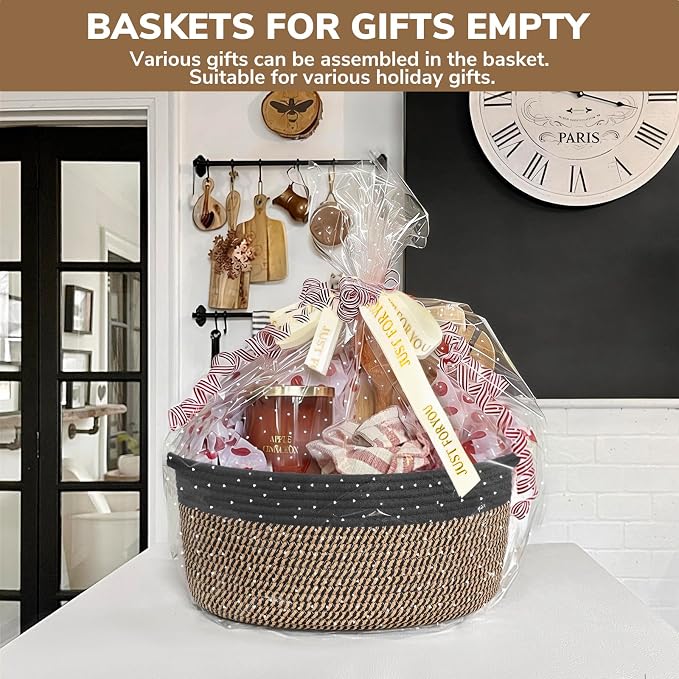 CHICVITA Large Wicker Basket with Bags & Ribbon for Gifts, Black & Jute | 13.6"x 10" x 6" Gift Basket Empty to Fill for Toys Snacks, Rope Baskets for Storage, Cute Basket for Dogs Cats