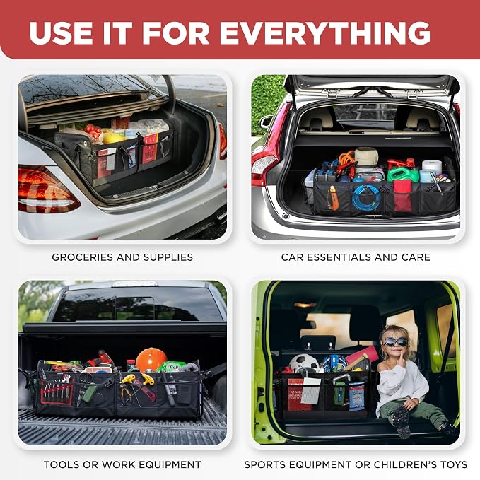 Car Trunk Organizer for SUV, Truck & Auto Cargo Storage, Foldable, Grey, XL | Fits Cars, SUVs & Trucks • 6 Adjustable Compartments • Non-Slip Base & Straps • XLCargo Storage • 11 Pockets • Travel Use