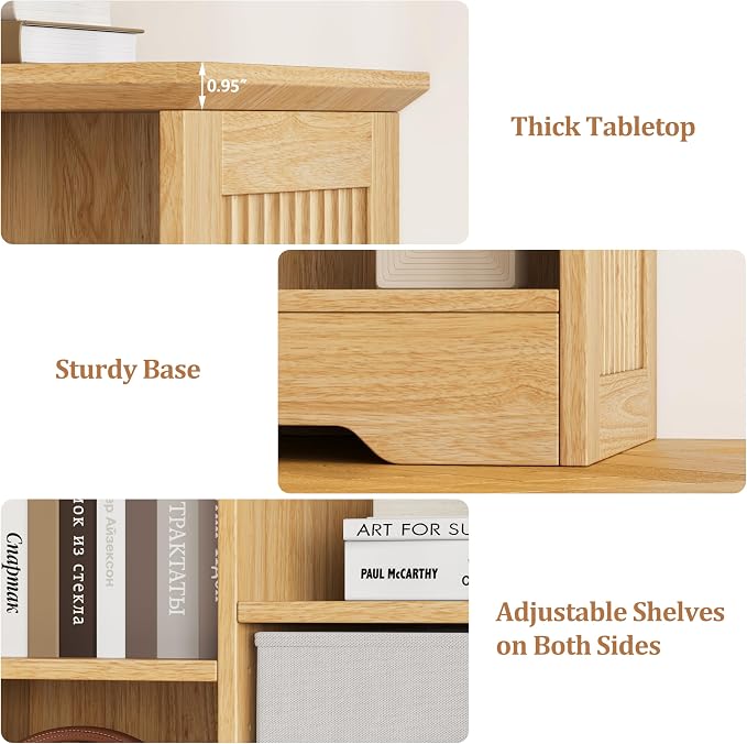 8 Cube Storage Organizer Shelf, Wood Cubby Storage with 4 Fabric Drawers | 2 Tier Wooden Bookshelf with 2 Adjustable Shelves, Fluted Side Panels Bookcase for Living Room, Home Office, Wood