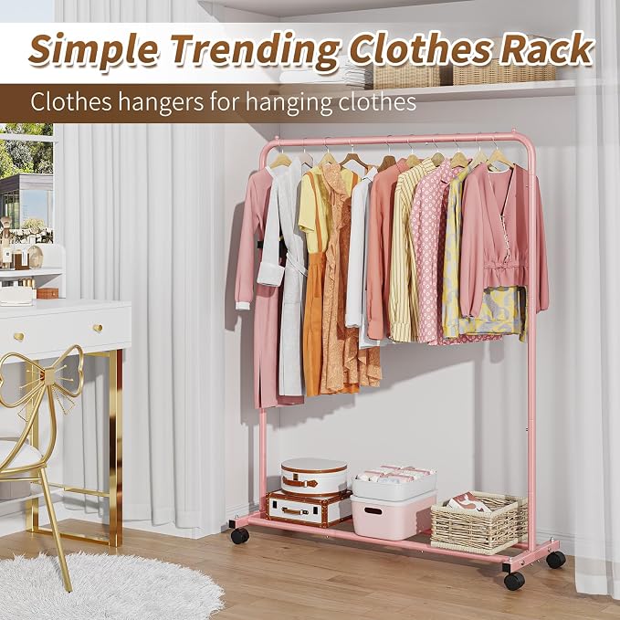 Simple Trending Standard Clothes Clothing Garment Rack with Storage Shelves, Rolling Clothes Organizer on Wheels for Hanging Clothes, Pink